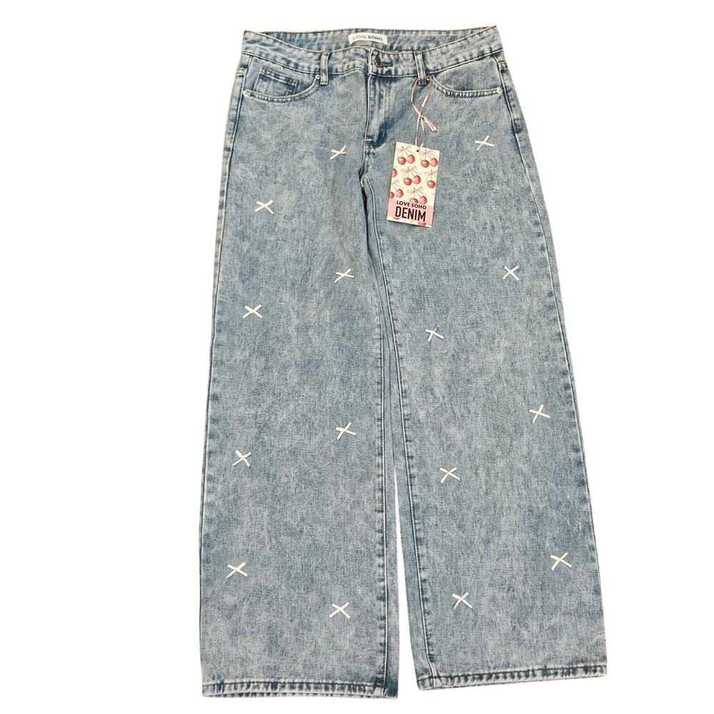 Love soho super wide baggy jean Womens 7 9 bow embellishments new low rise cute
